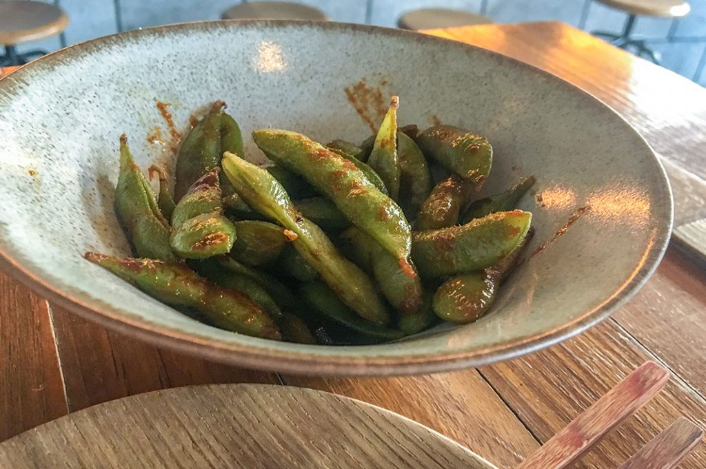 The garlic edamame are pan fried and have a deep, dark soy, garlic and chili flavour. 