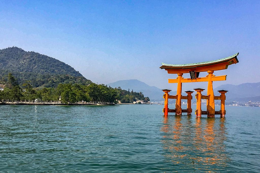 The floating torii of Miyajima Shrine at high tide.