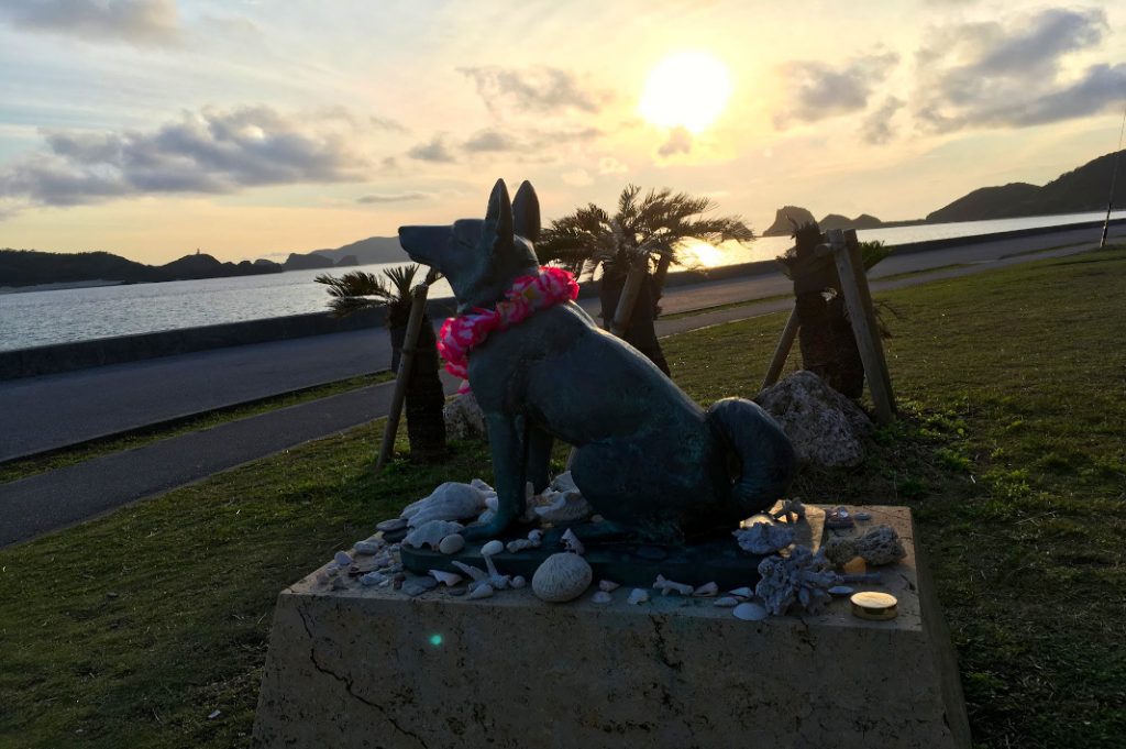Even discount travel can allow for a taste of tropical Japan. Here Zamami's canine mascot Marilyn watches over its sandy beaches.