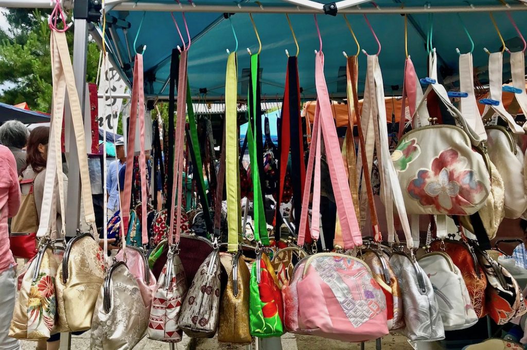 Bags made from kimono fabric at Chion-ji Handicraft Market in Kyoto.