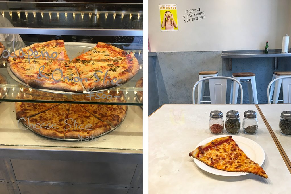 The pizza display and the plain cheese slice at The Pizza in Hiroo