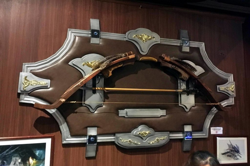 Weapons adorn the walls of this final fantasy-themed cafe.