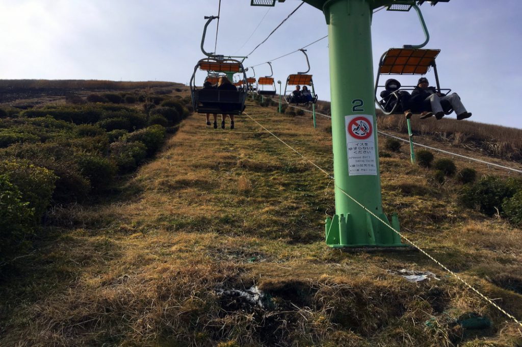 A chair lift, which closes for the Yamayaki festival, helps visitors ascend the mountain. 