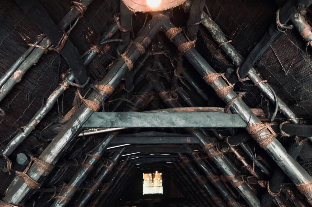 Wooden beams of the roof in shimoda