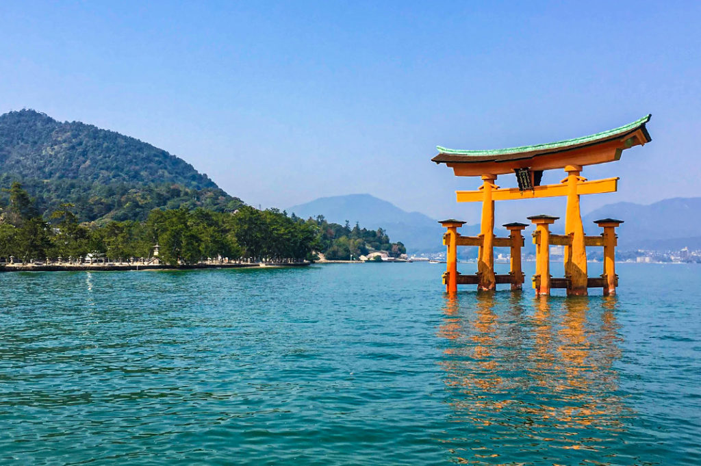 The floating torii of Miyajima Shrine at high tide.