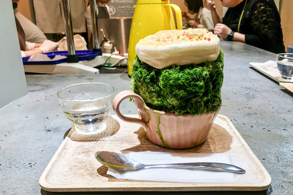 Matcha milk kakigori with espuma