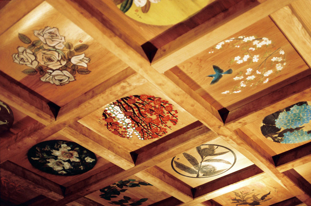 Hand painted ceiling panels inside the hill shrine at Hida Folk Village, Takayama.