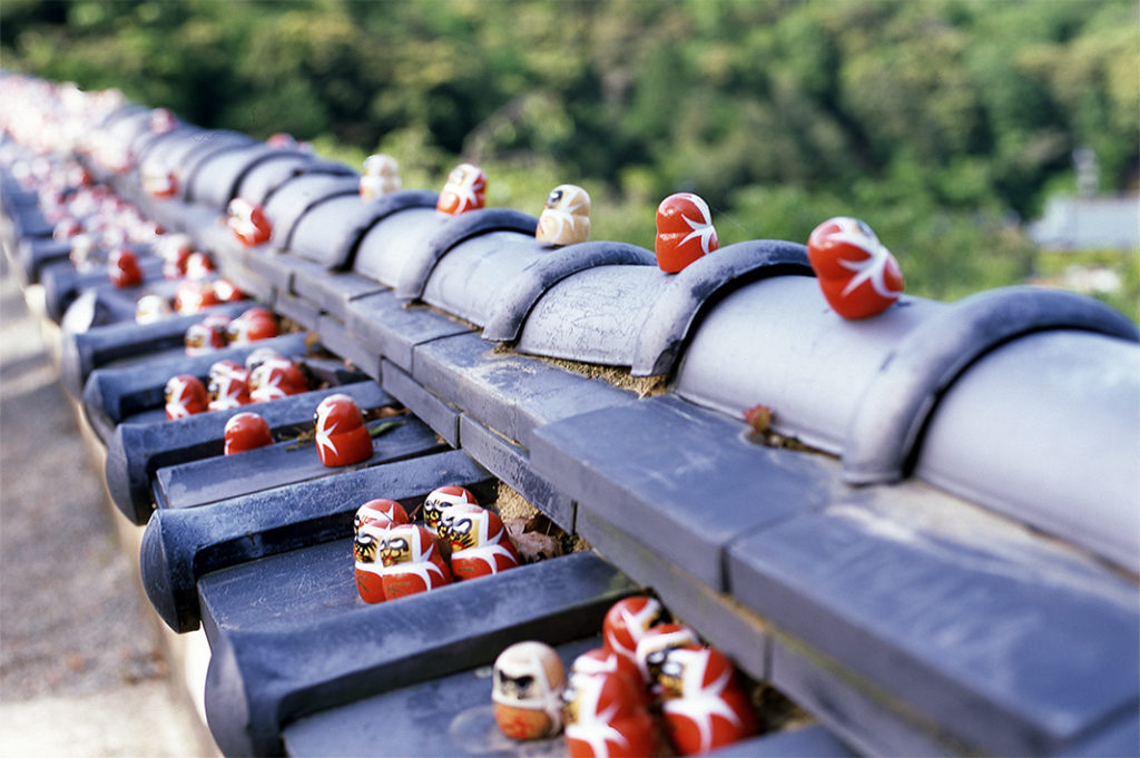 Daruma of varying hues sit atop the blue-toned tiles of a wall surrounding the Katsuō-ji upper levels.