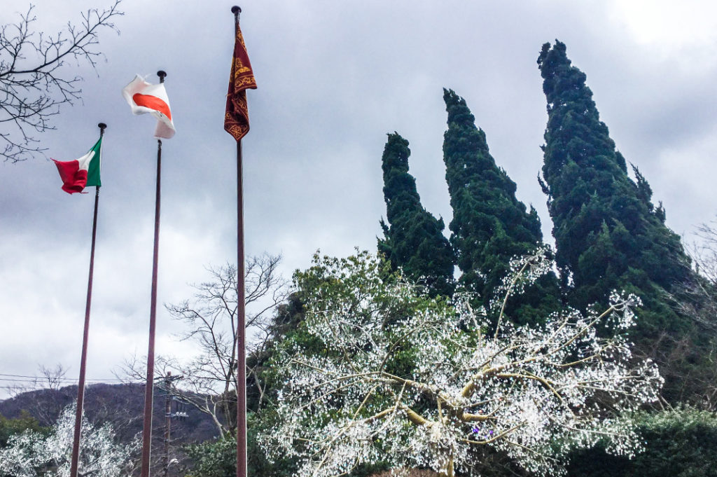 Flags of Italy, Japan and Venice at the Hakone Venetian Glass Museum