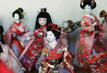 Awashima Shrine: Kada’s Hall of a Thousand Eyes Dolls line up at Awashima Jinja