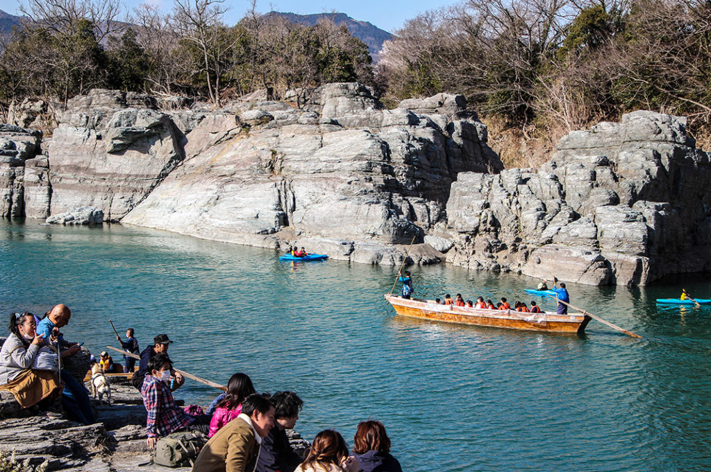 Wooden boats and kayaks on the Arakawa in Nagatoro