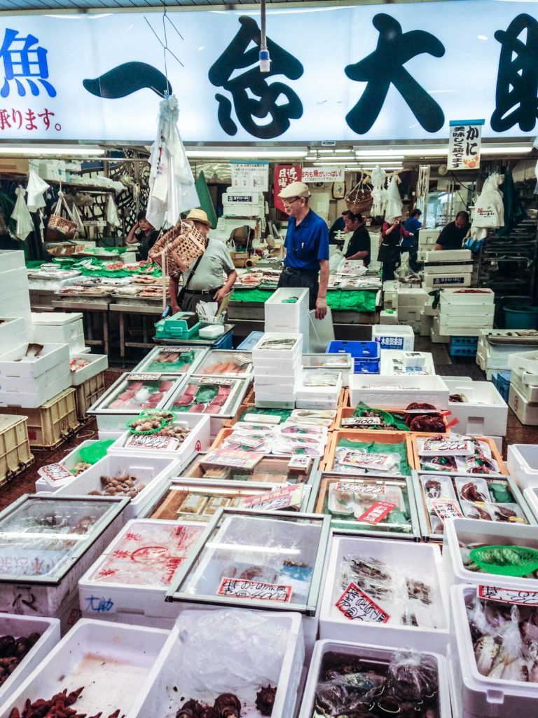 Locals shop in Omicho, a classic fish market in Kanazawa. 