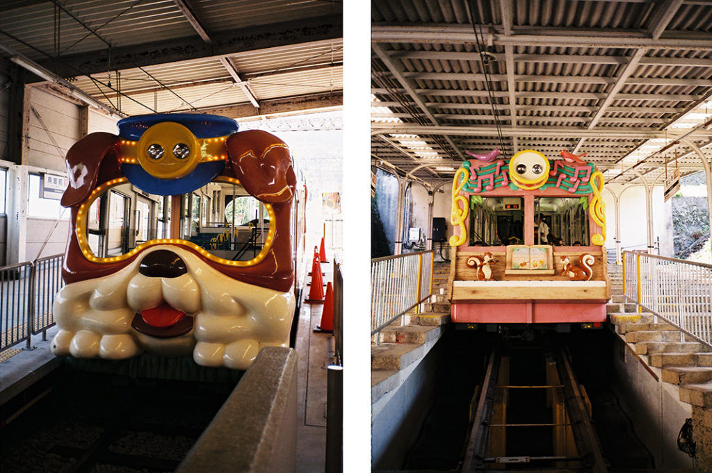 Questionably decorated cable cars hint at an altogether different destination atop Mt. Ikoma.