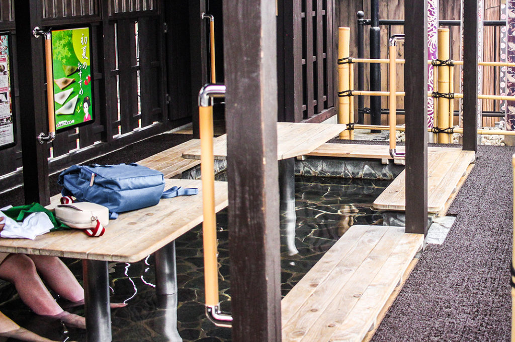 Approaching the foot bath at Arashiyama Randen Station