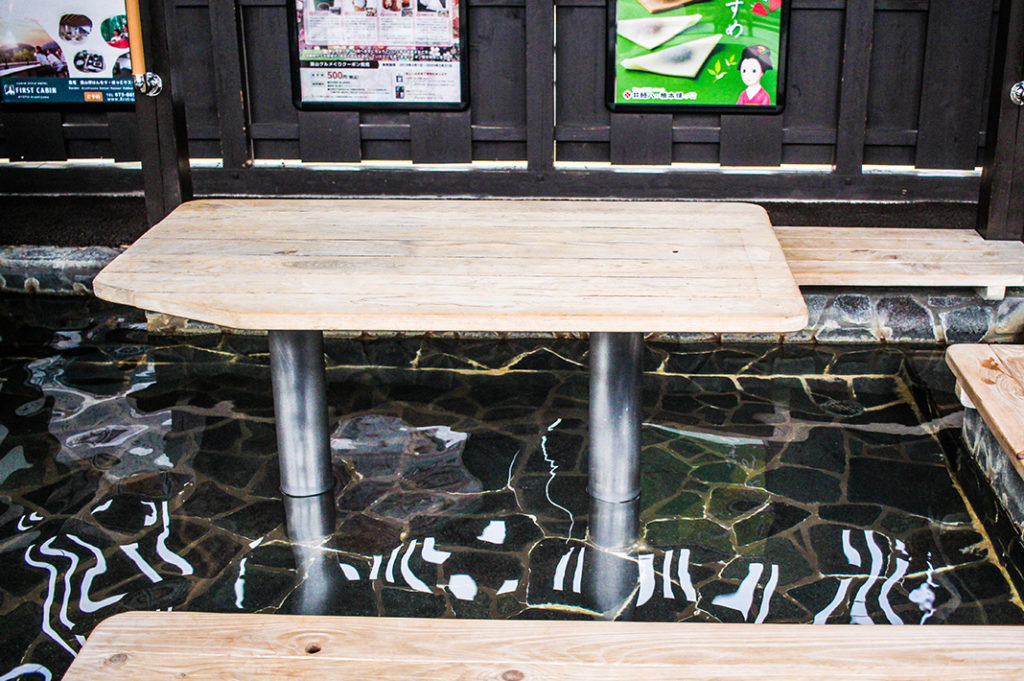 Approaching the foot bath at Arashiyama Randen Station