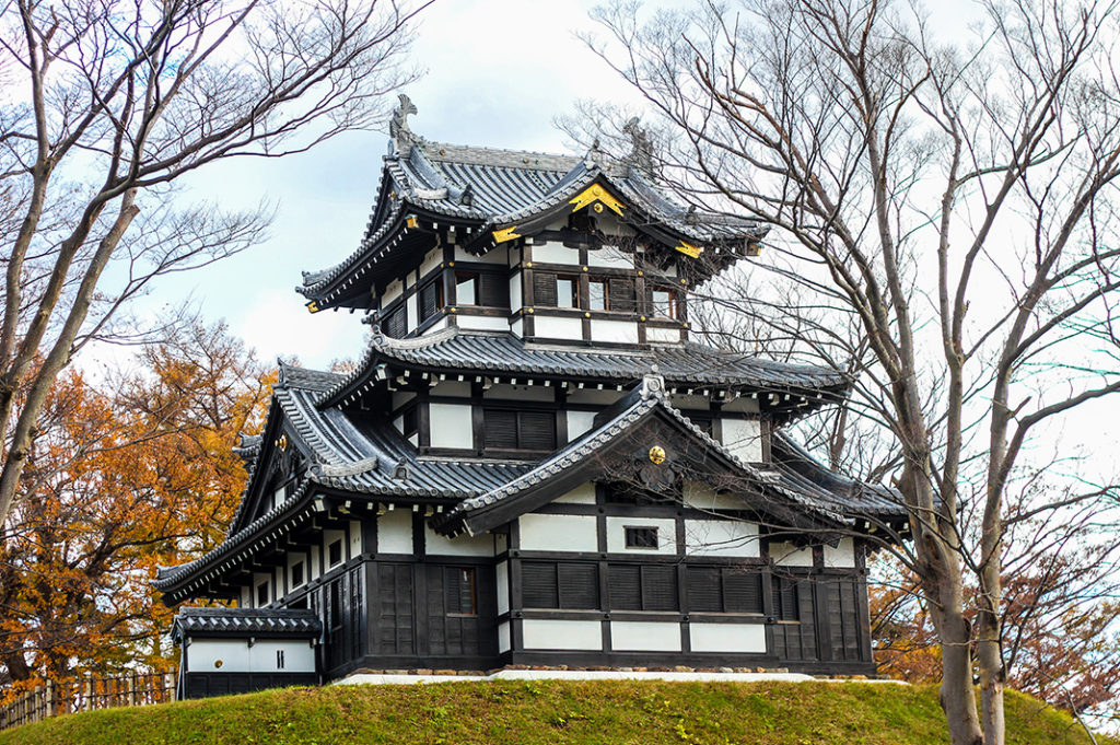 The reconstructed triple turrets of the yugara corner tower, Takada Castle, Niigata, Japan.  