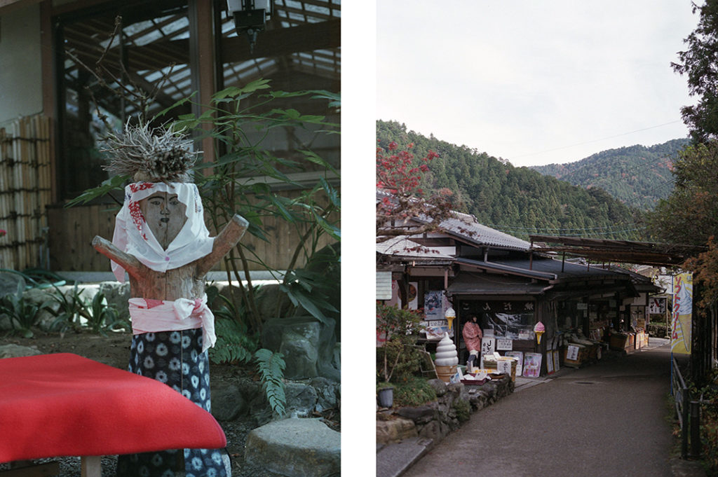 A small statue of an 'Ohara-me' - an Ohara Lady [left]. A visitor-friendly street offers genuine Ohara goods throughout the year [right]. Tags: village, peaceful, rural, idyllic