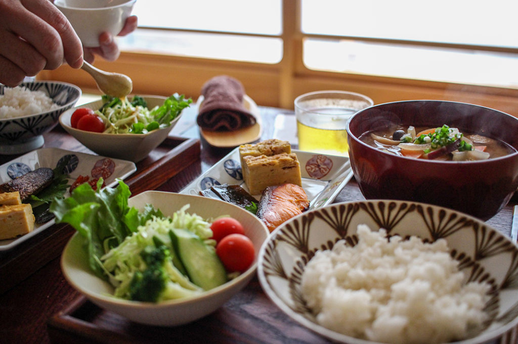 Delicious organic breakfast at Cyashitsu Ryokan, a unique Tokyo ryokan
