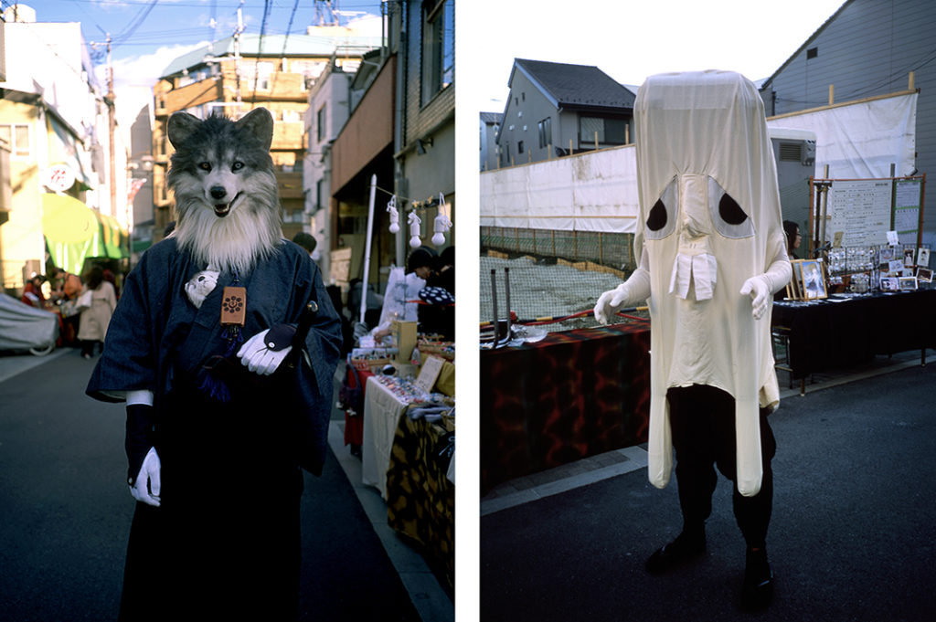 Two visitors to Kyoto's Yokai parade dressed as traditional monsters from Japanese folklore. Tags: cosplay, ghosts, ghouls