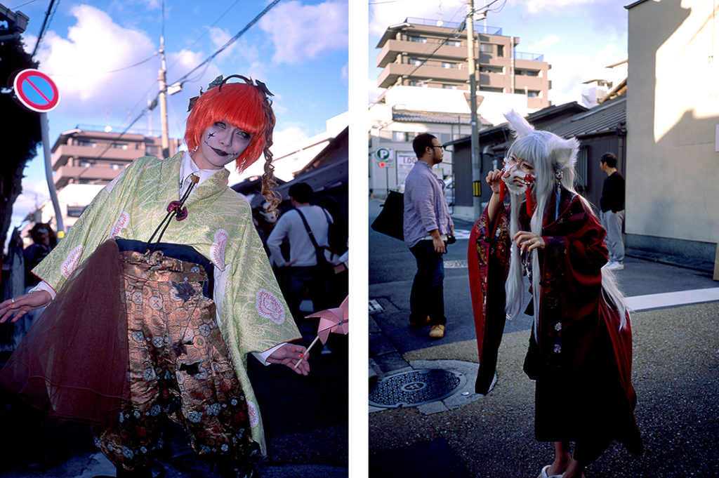 Two visitors to Kyoto's Yokai parade dressed as traditional monsters from Japanese folklore. Tags: cosplay, ghosts, ghouls