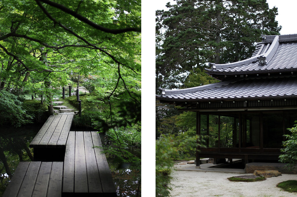 The staggered entryway to the lower garden (left) and the viewing room overlooking the forested pond (right). Tags: koi, reflection, Tenju-an, Nanzen-ji