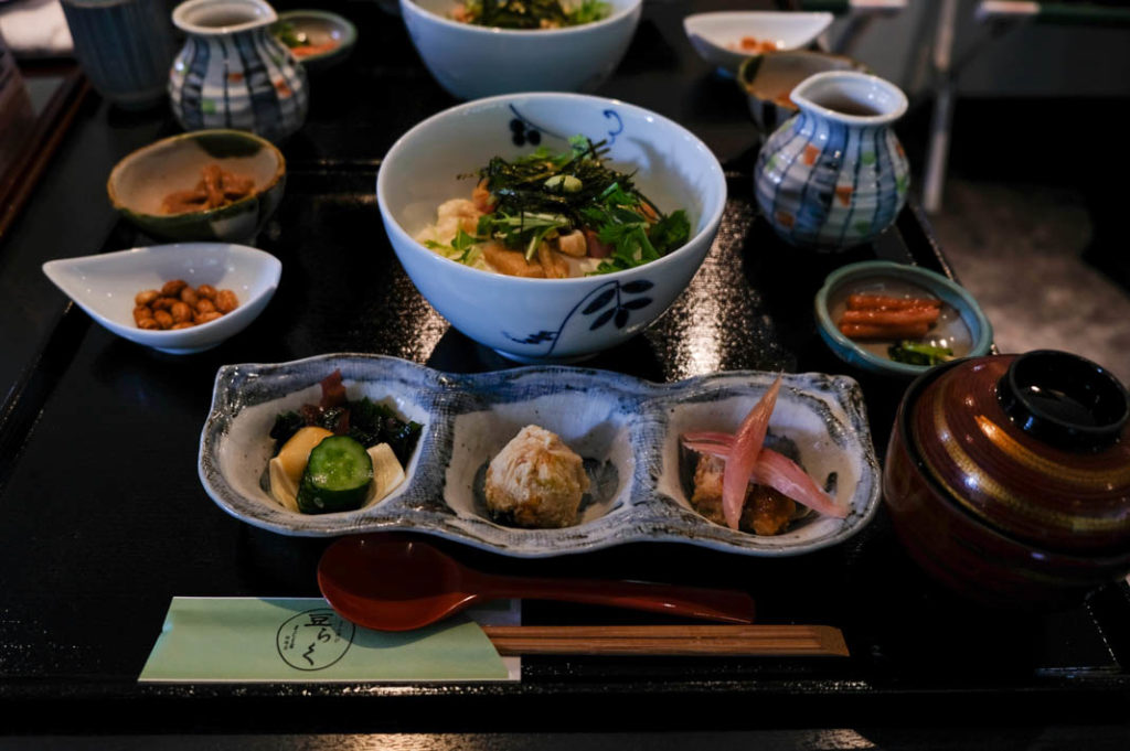 A spread of delicious tofu dishes and fermented foods at Mameraku.