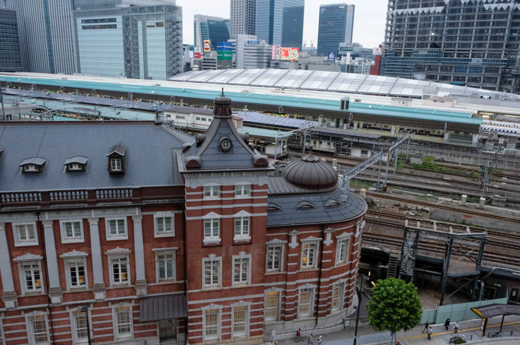 Sweeping views of Tokyo Station from the roof garden. 