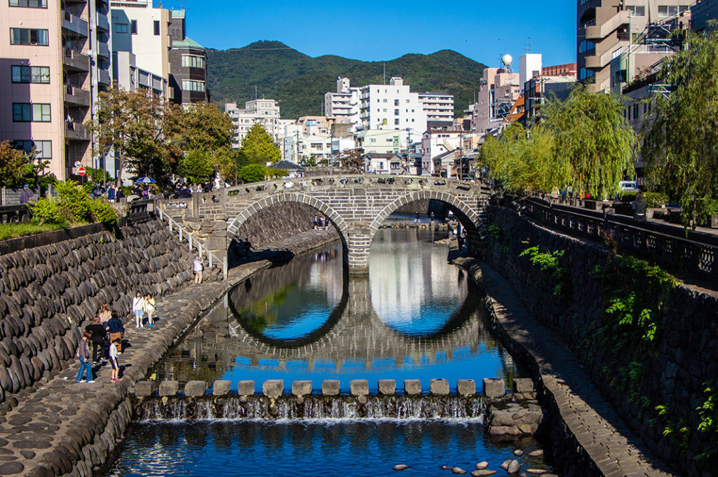 Meganebashi stone bridge is said to be one of the oldest in Japan. Its double arch design led to the nickname 'Spectacles Bridge'.