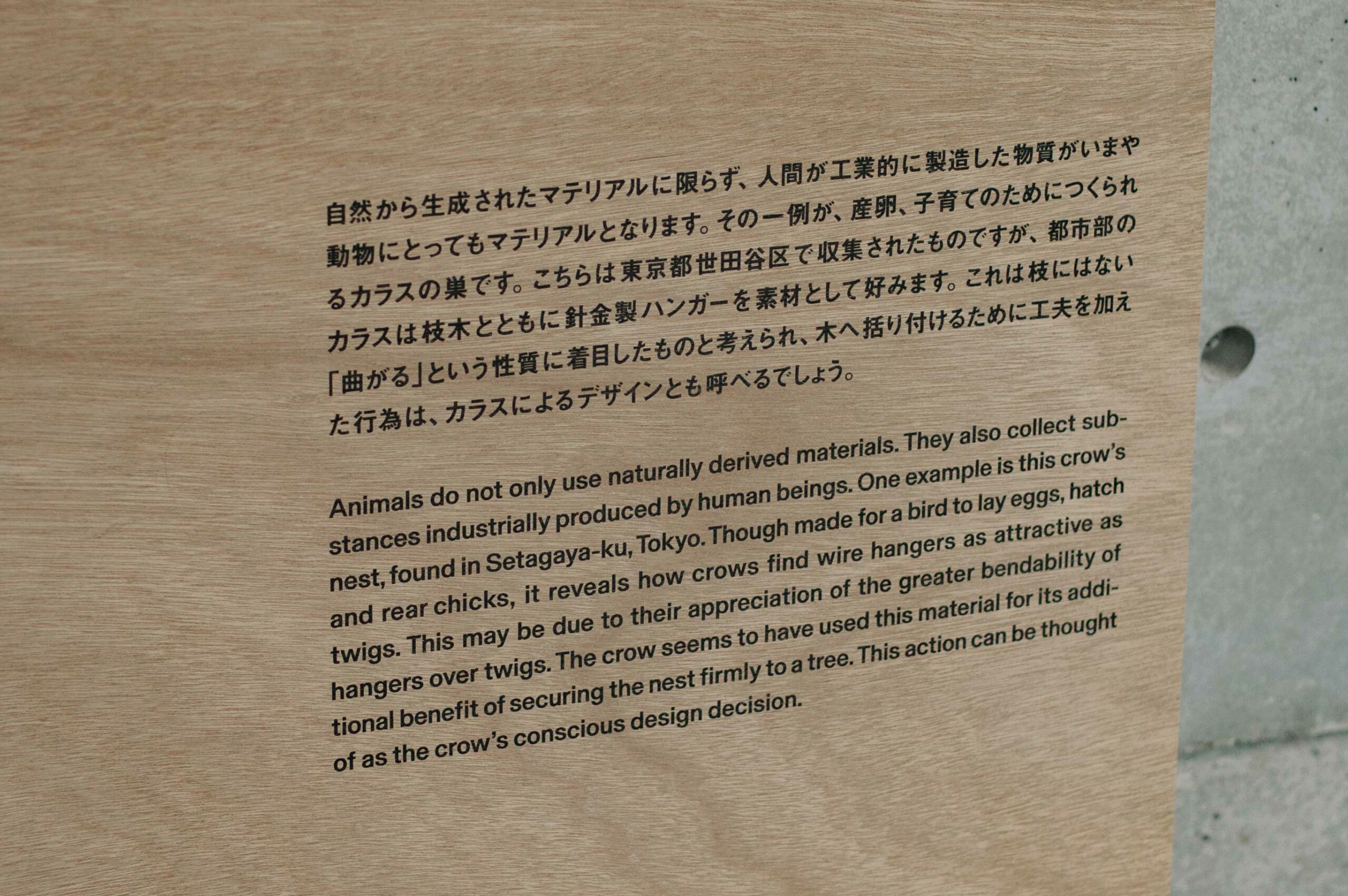 A paragraph welcoming visitors to 21_21 Design Sight explains the ecological consideration's of the gallery's current exhibition.