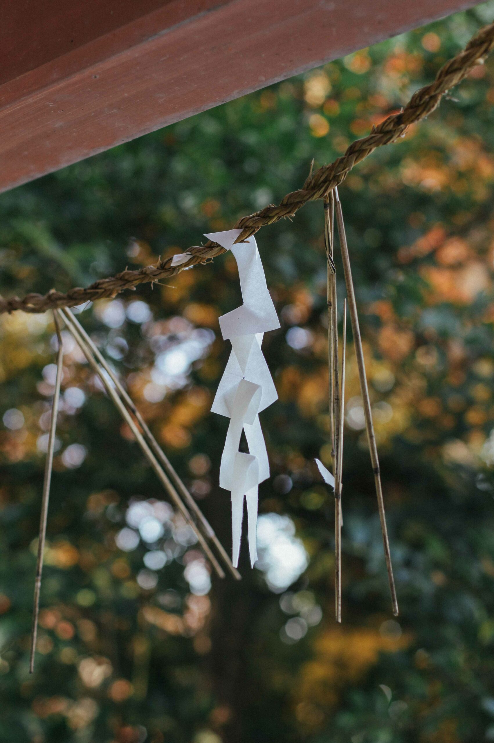 Shimenawa paper charms hang at Uji Shrine.